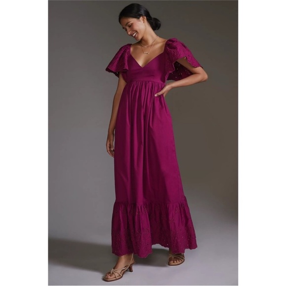 En Saison Dresses & Skirts - En Saison Eyelet Puff Sleeve Midi Dress M Magenta Cottagecore Romantic